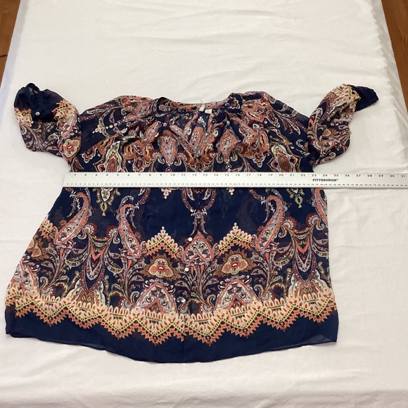 Cato Womens Navy Blue Paisley Print 3/4 Sleeve Sheer Boho Blouse Size M RN37080 - Picture 3 of 9